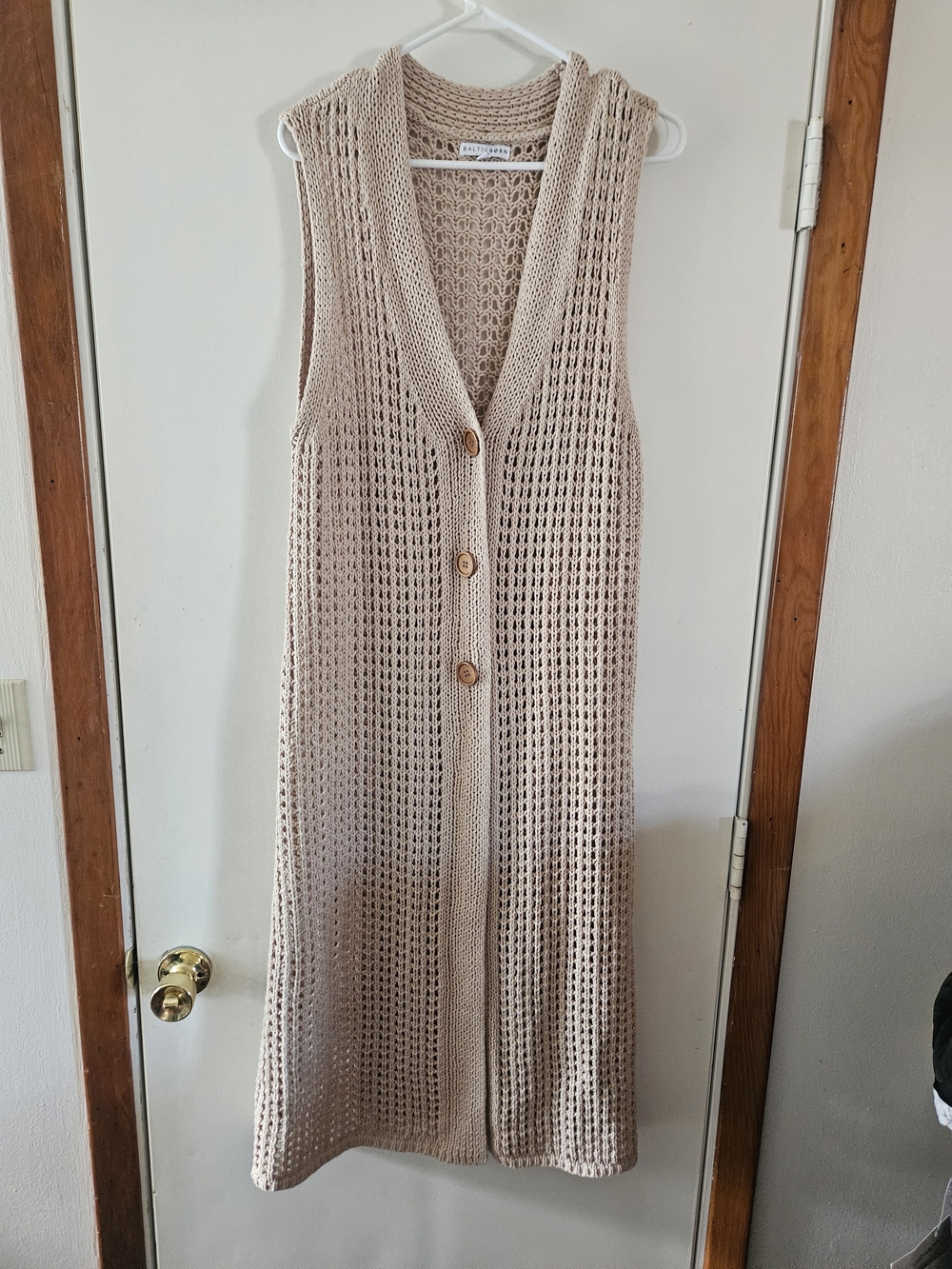 Baltic Born Crochet Longline Sleeveless Vest in Beige